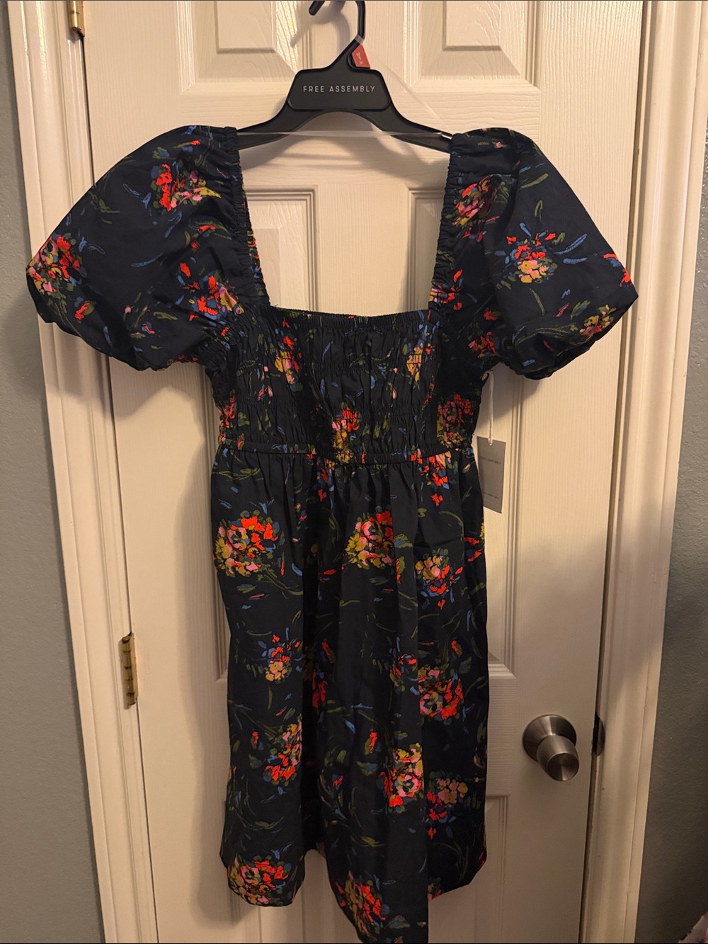 Navy Floral Square-Neck Mini Dress with Smocked Bodice - Picture 6 of 16